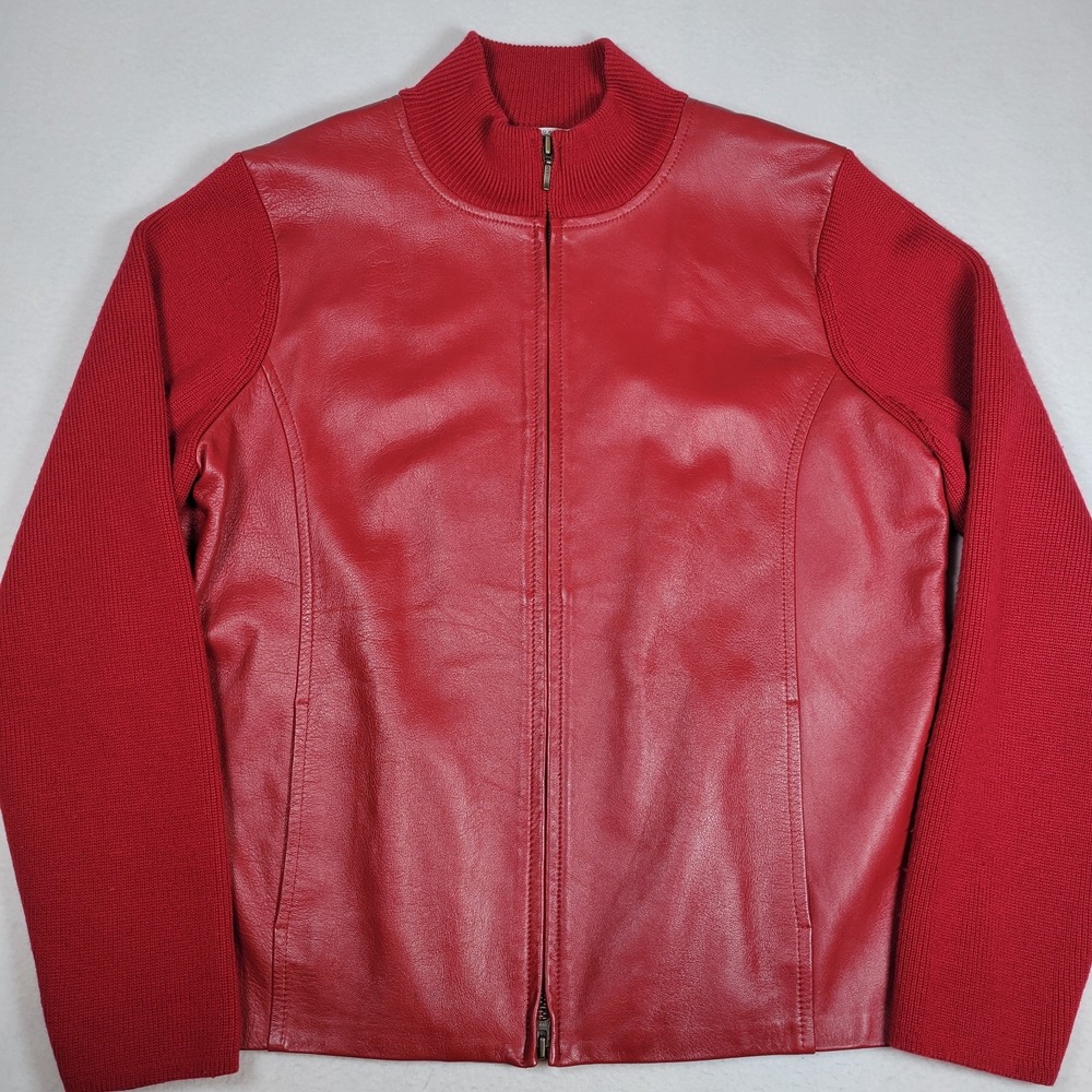 Pendleton Oregon Vintage Wool Leather Sweater Jacket Solid‎ Red Zippered Size L